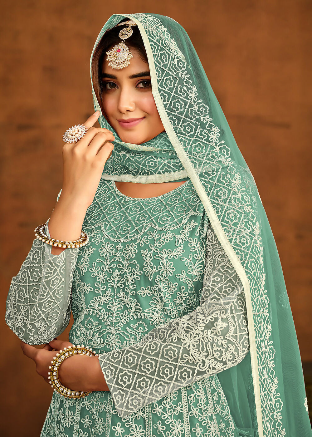 Green All Over Embroidered Net Wedding Anarkali Suit - Emponline | Swadesiicart