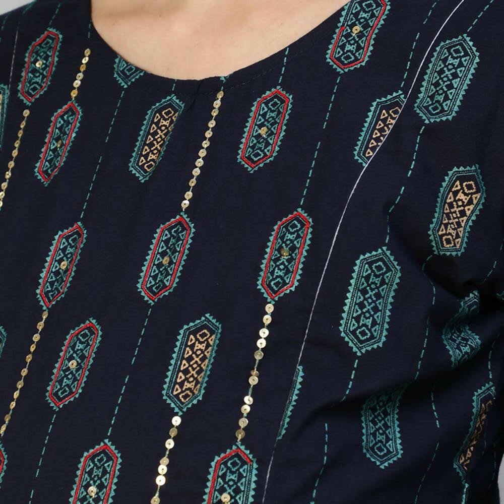 Anubhutee Women's Rayon Knee-Length Ethnic Motifs Maternity A-Line Navy Blue Midi Dress | Swadesiicart