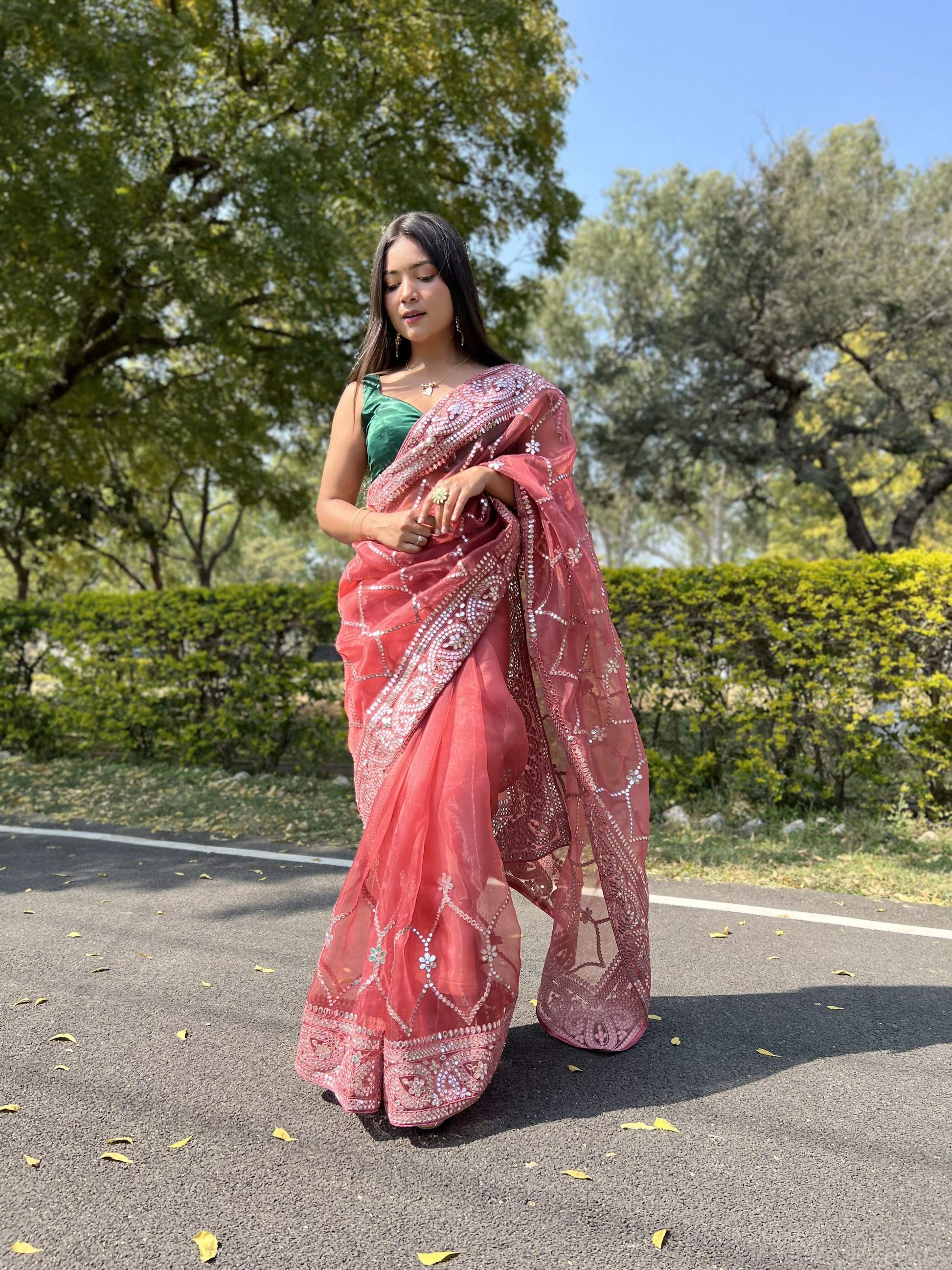 Vamsee Naina Maroon Organza Saree - Swadesiicart
