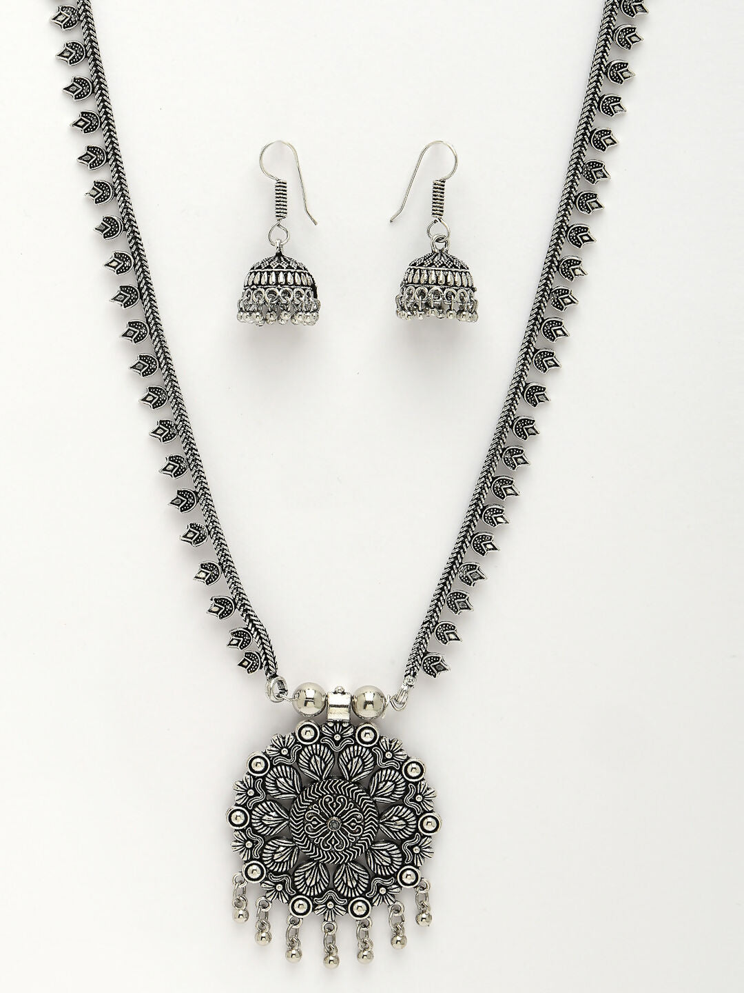 NVR Women's Silver-Toned Floral Shape Oxidized Necklace with Jhumka Earrings - Swadesiicart
