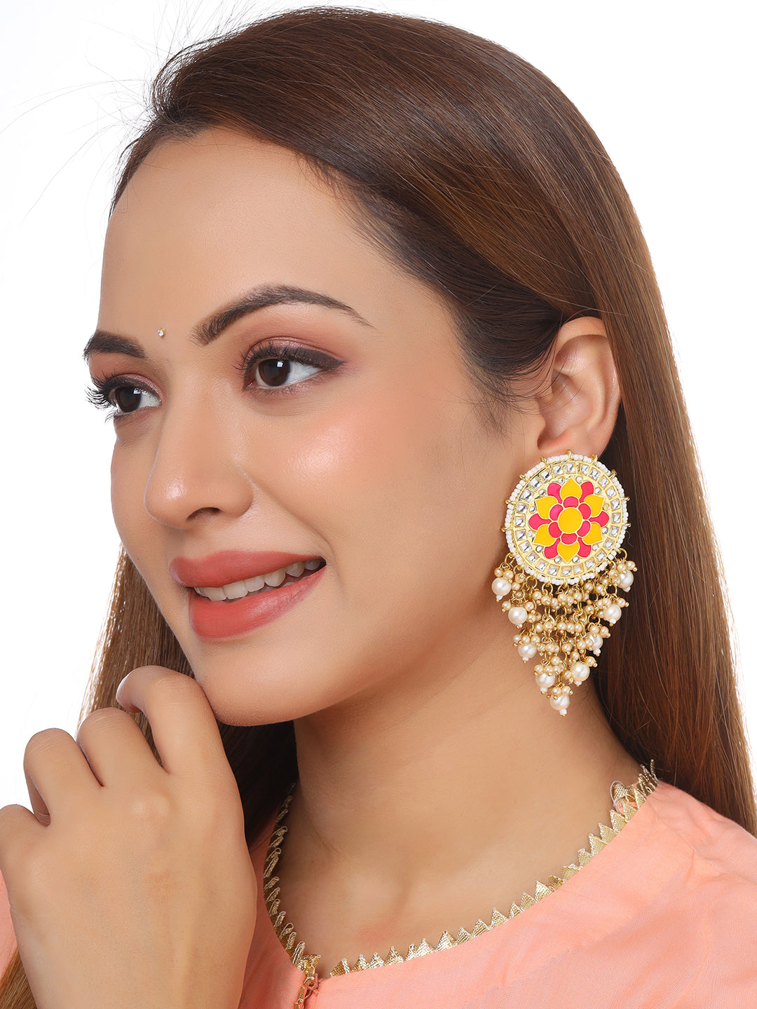 Flower Pattern Yellow and Pink Meenakari Drop Earrings for Womens by House of Ree | Swadesiicart