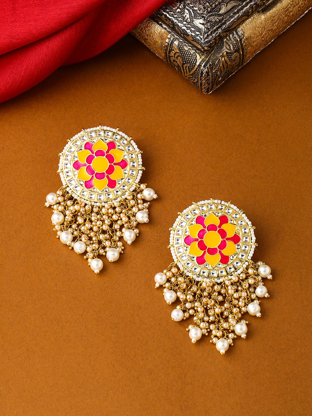 Flower Pattern Yellow and Pink Meenakari Drop Earrings for Womens by House of Ree | Swadesiicart
