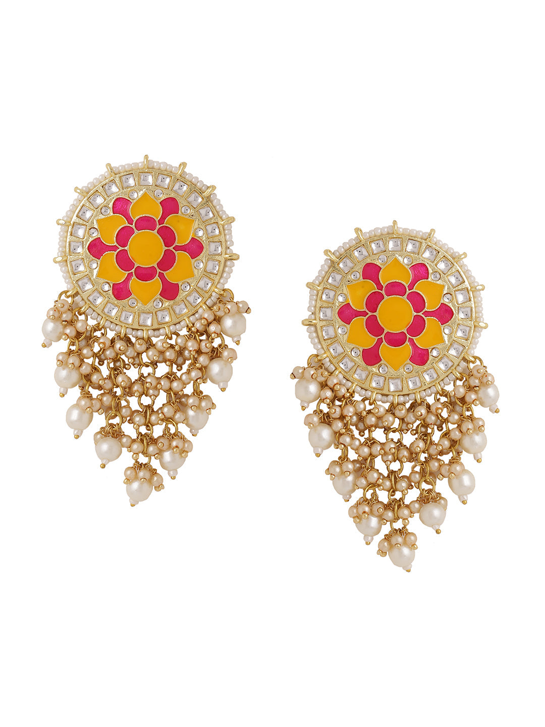Flower Pattern Yellow and Pink Meenakari Drop Earrings for Womens by House of Ree | Swadesiicart