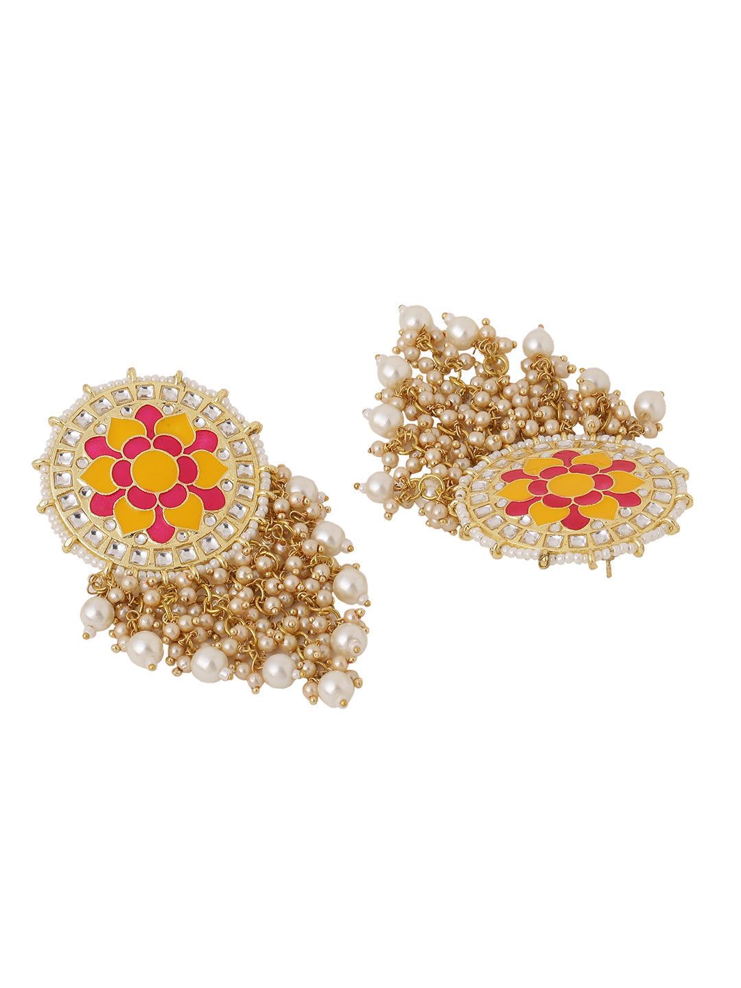 Flower Pattern Yellow and Pink Meenakari Drop Earrings for Womens by House of Ree | Swadesiicart