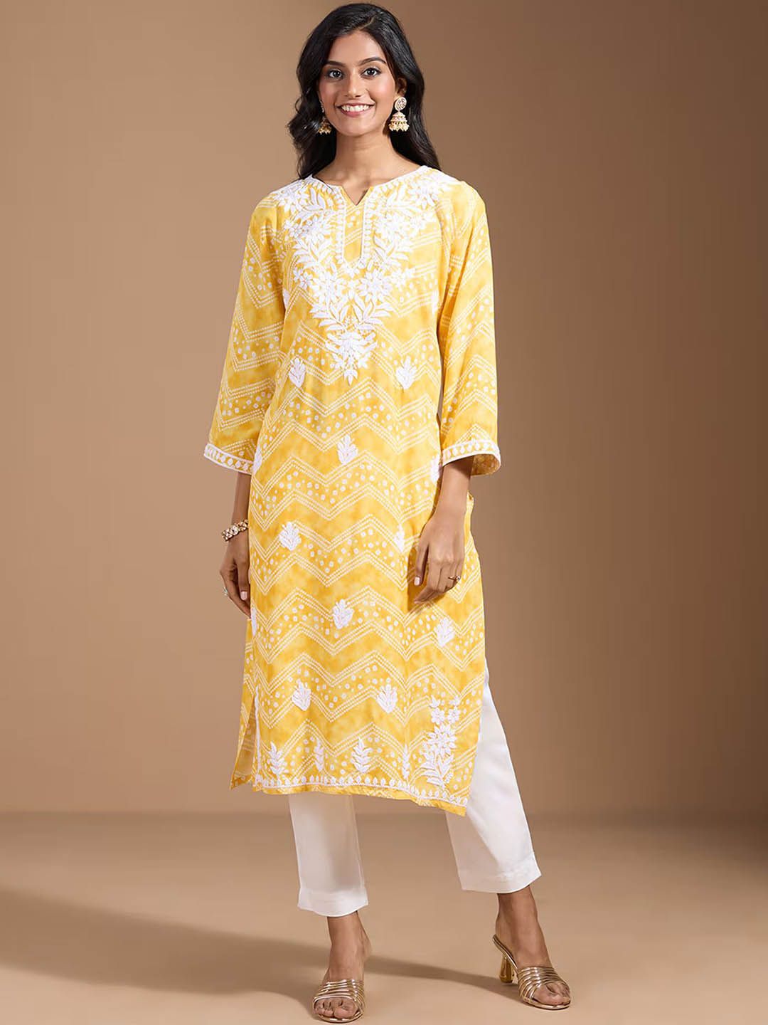Ode by House of Pataudi Women Geometric Embroidered Flared Sleeves Chikankari Kurta | Swadesiicart