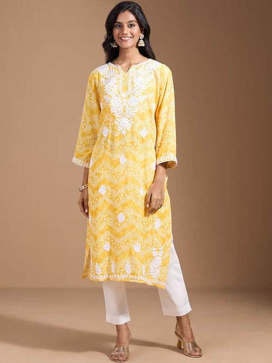 Ode by House of Pataudi Women Geometric Embroidered Flared Sleeves Chikankari Kurta | Swadesiicart
