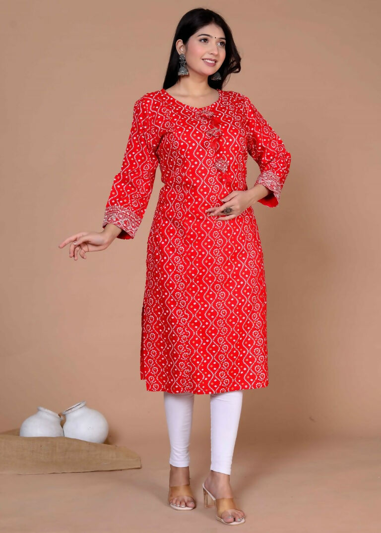 Miravan Women's Festive Wear Red Bandhani Printed Straight Kurta - Swadesiicart