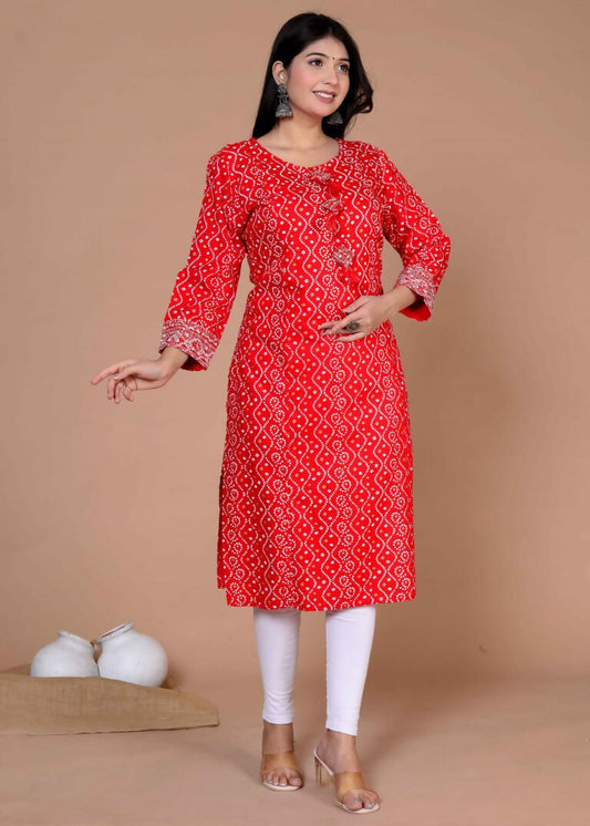 Miravan Women's Festive Wear Red Bandhani Printed Straight Kurta - Swadesiicart
