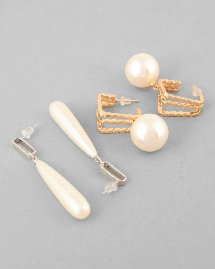 VOJ Set Of 2 Korean Drop Earrings - Gold-Polished and Silver Plated With White Pearl - Swadesiicart