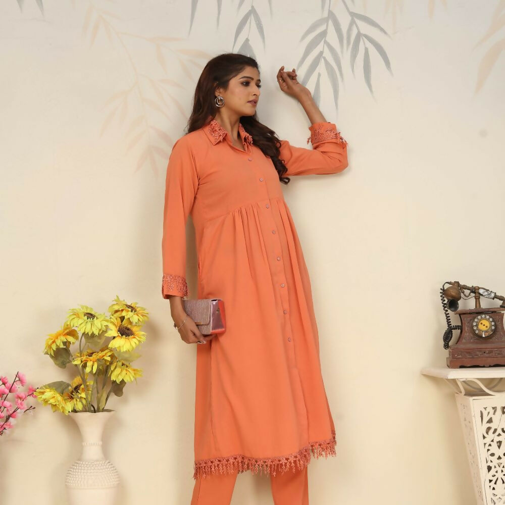 Jyoti Fashion Women's Orange Rinkal Cotton Plain with Side Pocket Kurtis & Sets | Swadesiicart