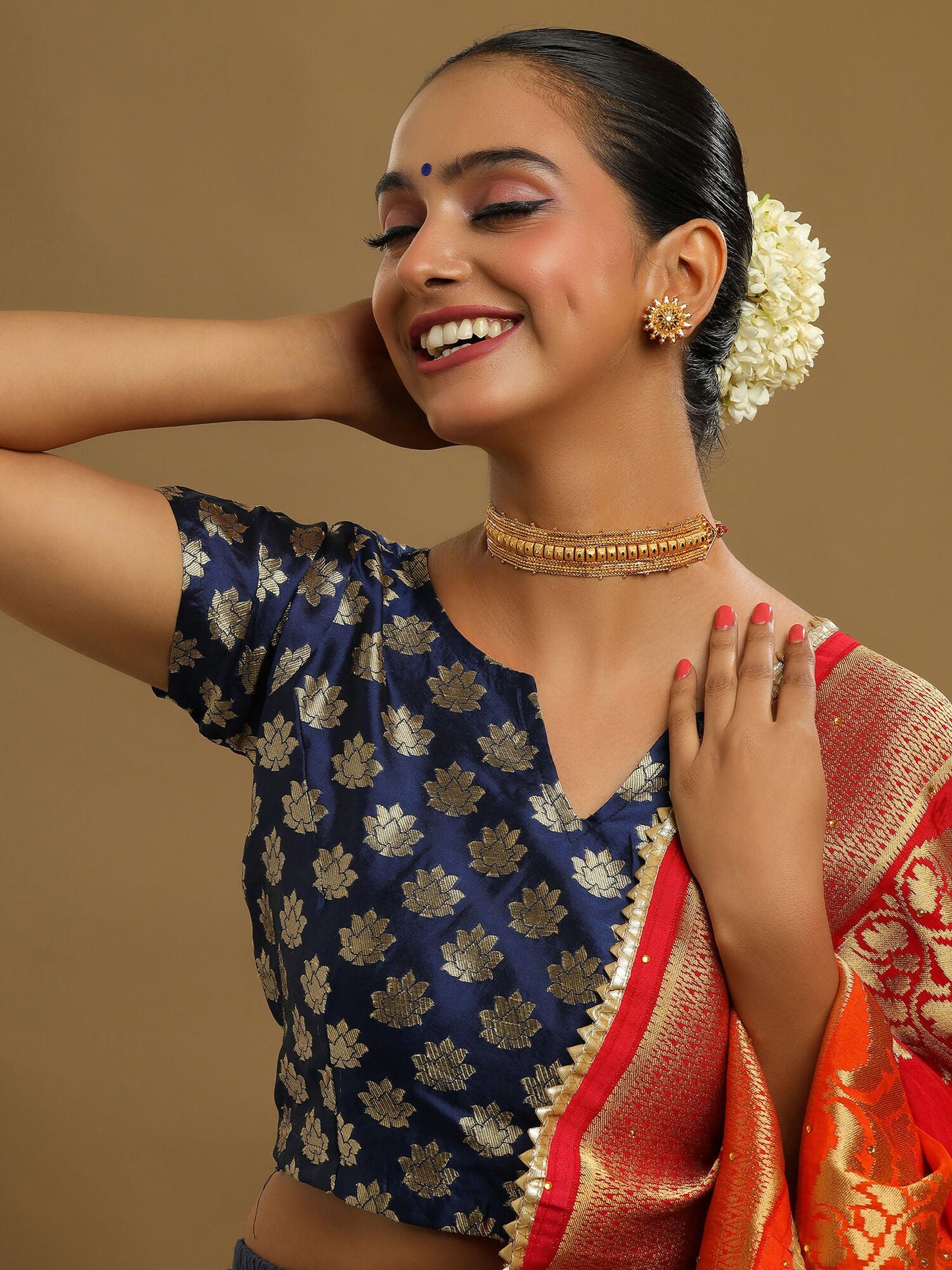 Ruby Raang Golden Choker with Round Studs | Swadesiicart