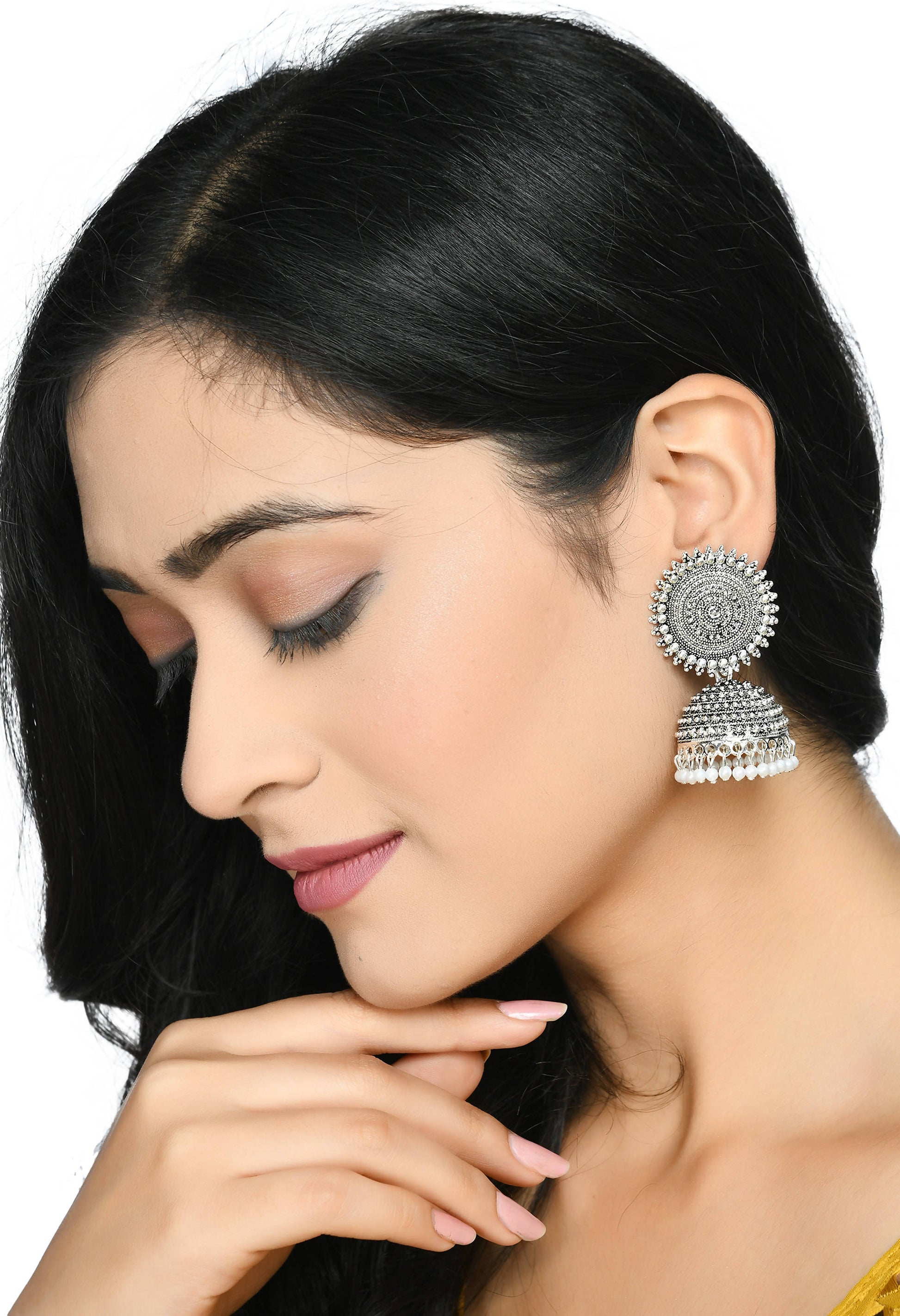 Mominos Fashion Johar Kamal Silver Color Jhumkas With White Pearls Earrings - Swadesiicart