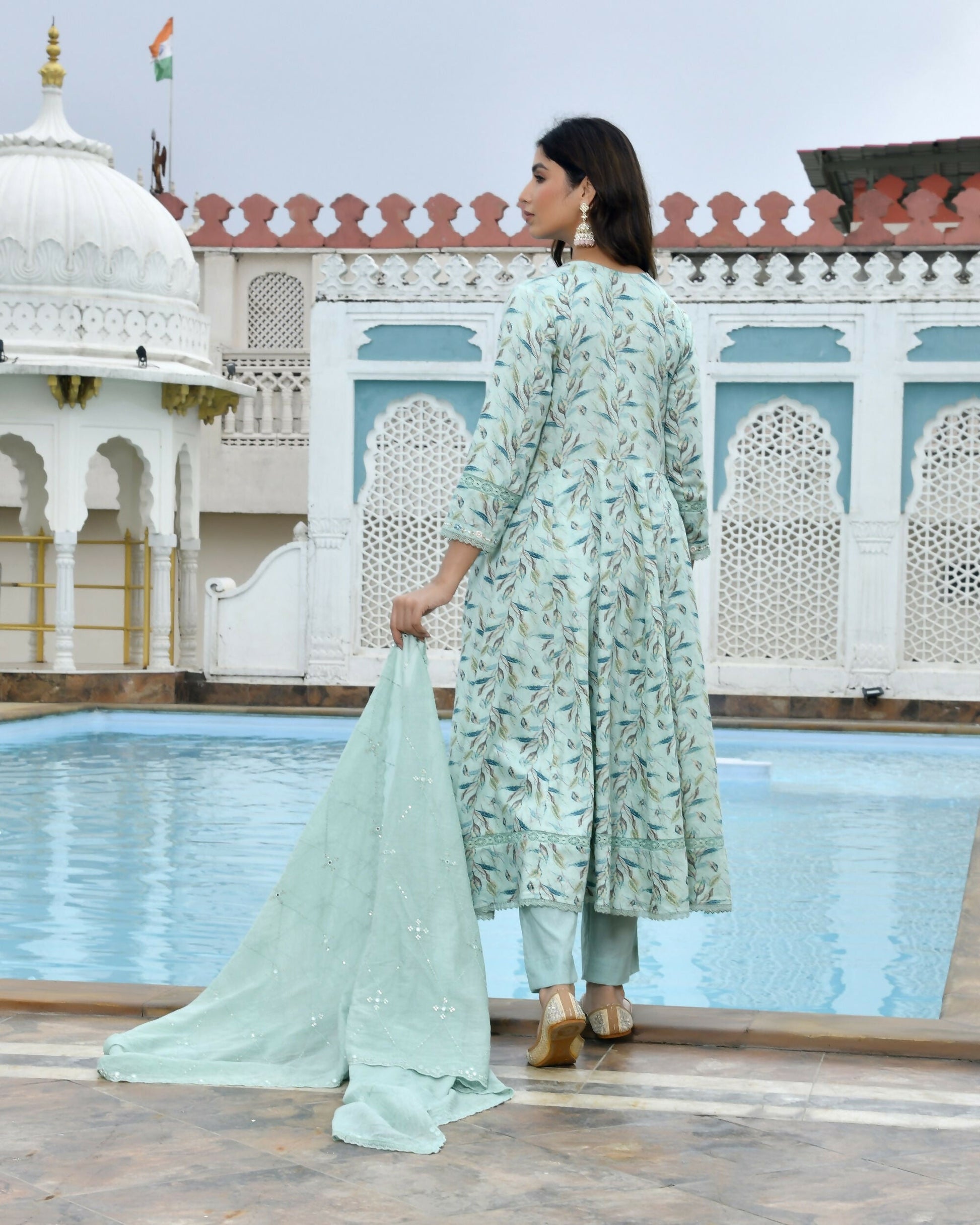 Vaasva Women's Sky Blue Cotton Anarkali Set With Solid Pant And Embroidered Dupatta | Swadesiicart