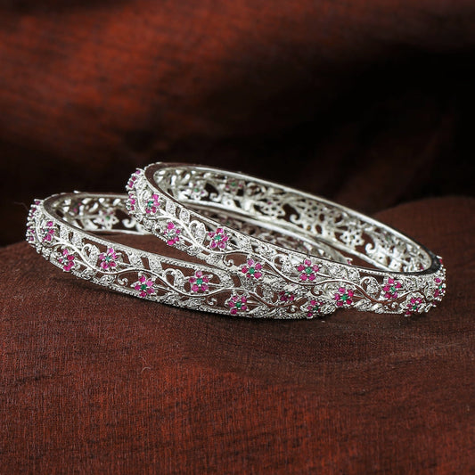Estele Rhodium Plated CZ Fascinating Floral Designer Bangles with Ruby & Green Crystals for Women - Swadesiicart