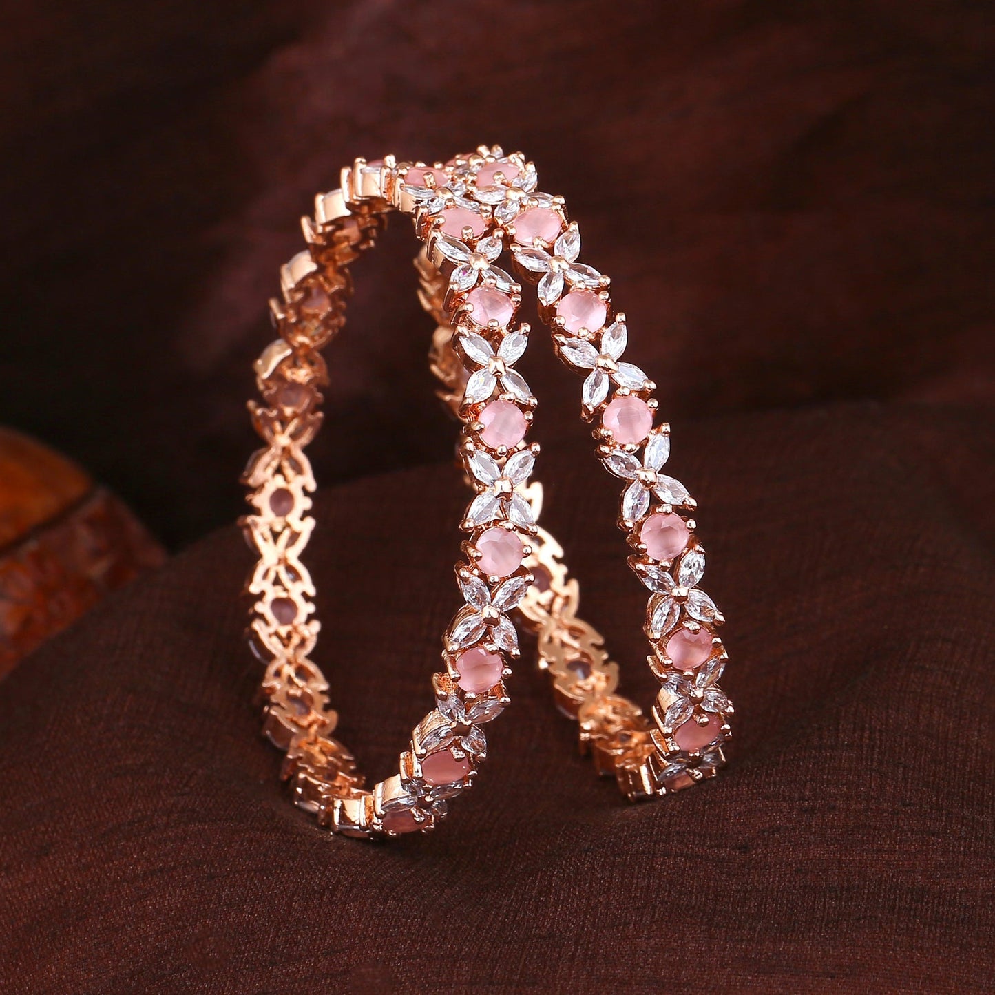 Estele Rose Gold-Polished CZ Flower Designer 2:8 Size Bangles with Mint Pink Stones for Women - Swadesiicart