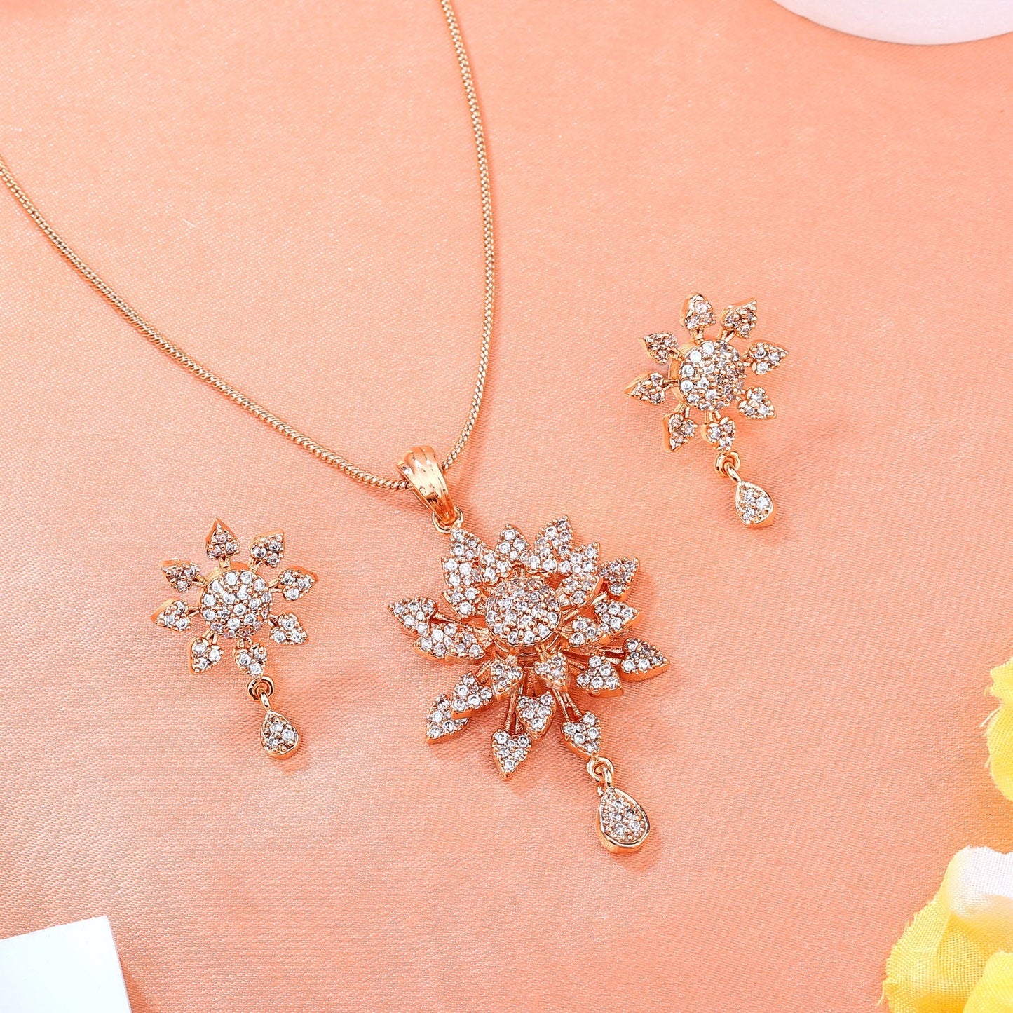 Estele Rose Gold-Polished Stunning Floral Designer Pendant Set with White American Diamonds for Girls & Women | Swadesiicart