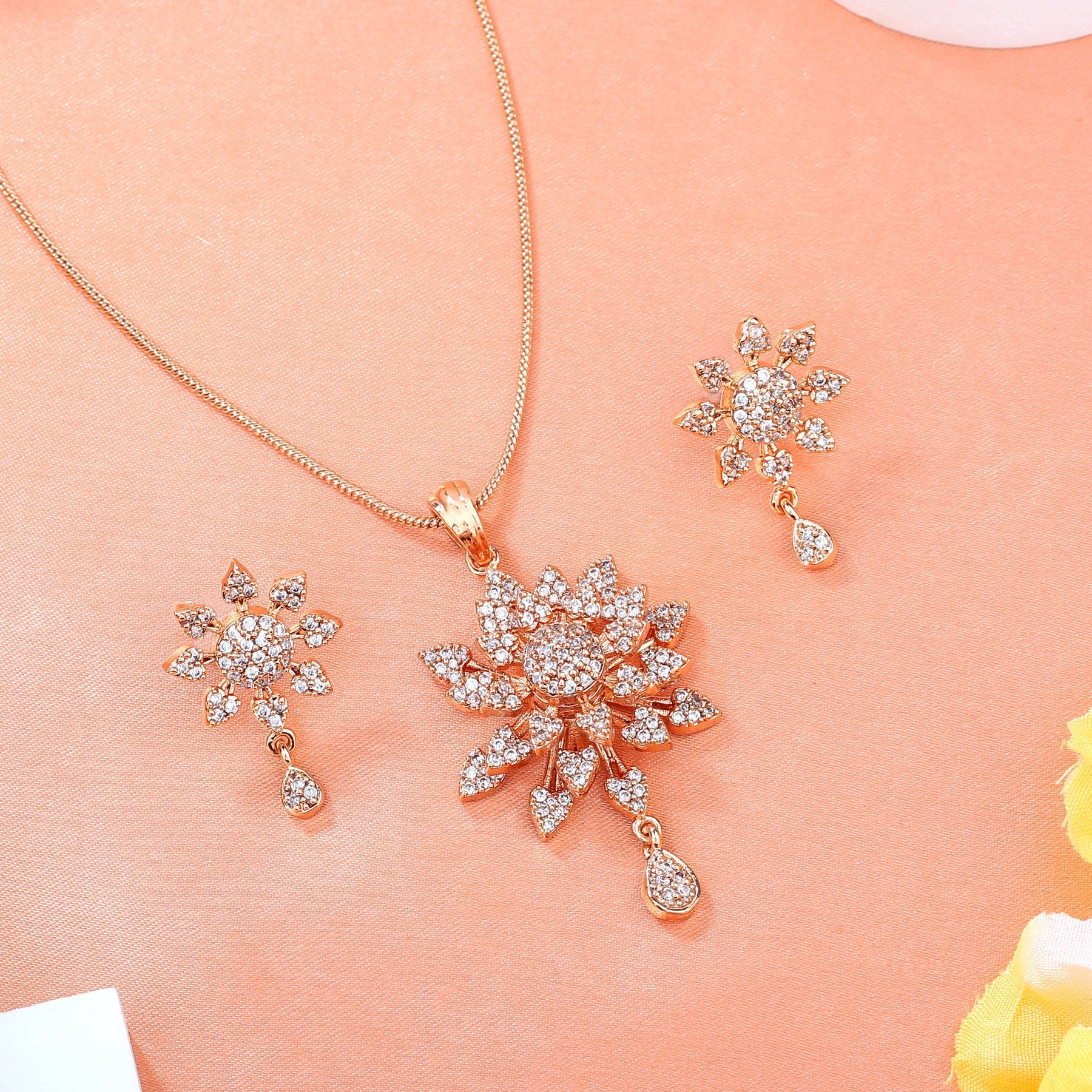 Estele Rose Gold-Polished Stunning Floral Designer Pendant Set with White American Diamonds for Girls & Women | Swadesiicart