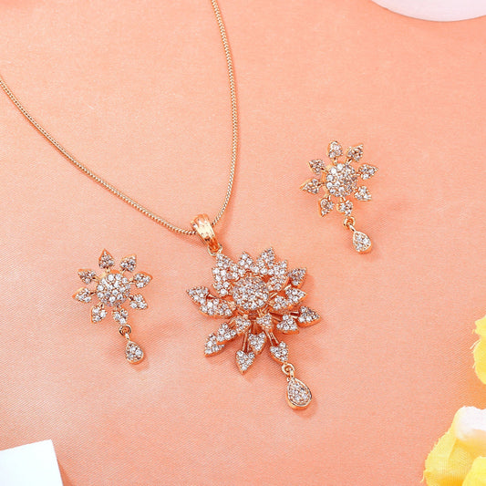 Estele Rose Gold-Polished Stunning Floral Designer Pendant Set with White American Diamonds for Girls & Women | Swadesiicart