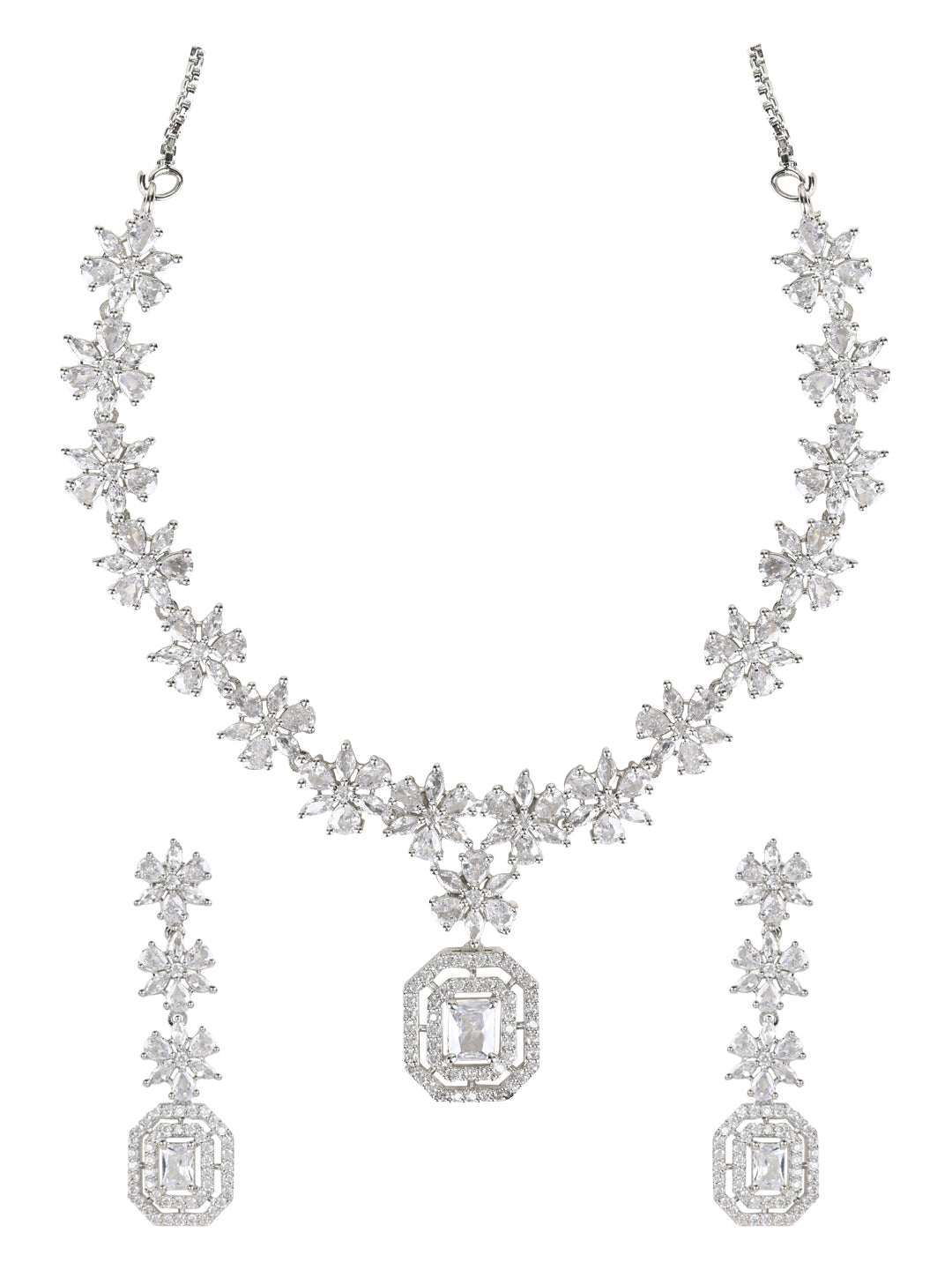Stylish Silver Plated Cubic Zirconia American Diamond CZ AD Necklace Jewellery Set For Women & Girls - Wahe Jewels - Swadesiicart