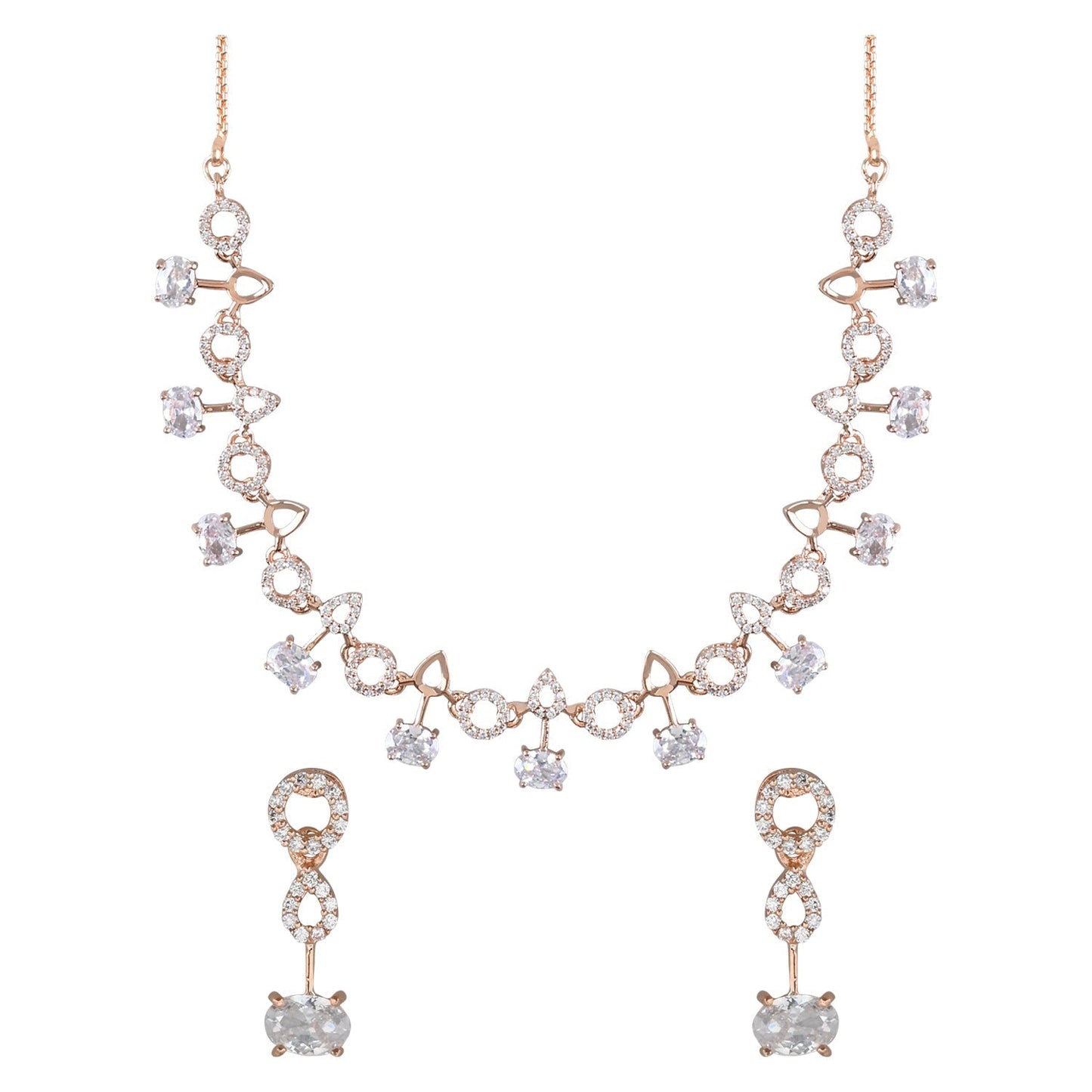 Stylish Rose Gold-Polished Cubic Zirconia American Diamond CZ AD Necklace Jewellery Set For Women & Girls - Wahe Jewels - Swadesiicart