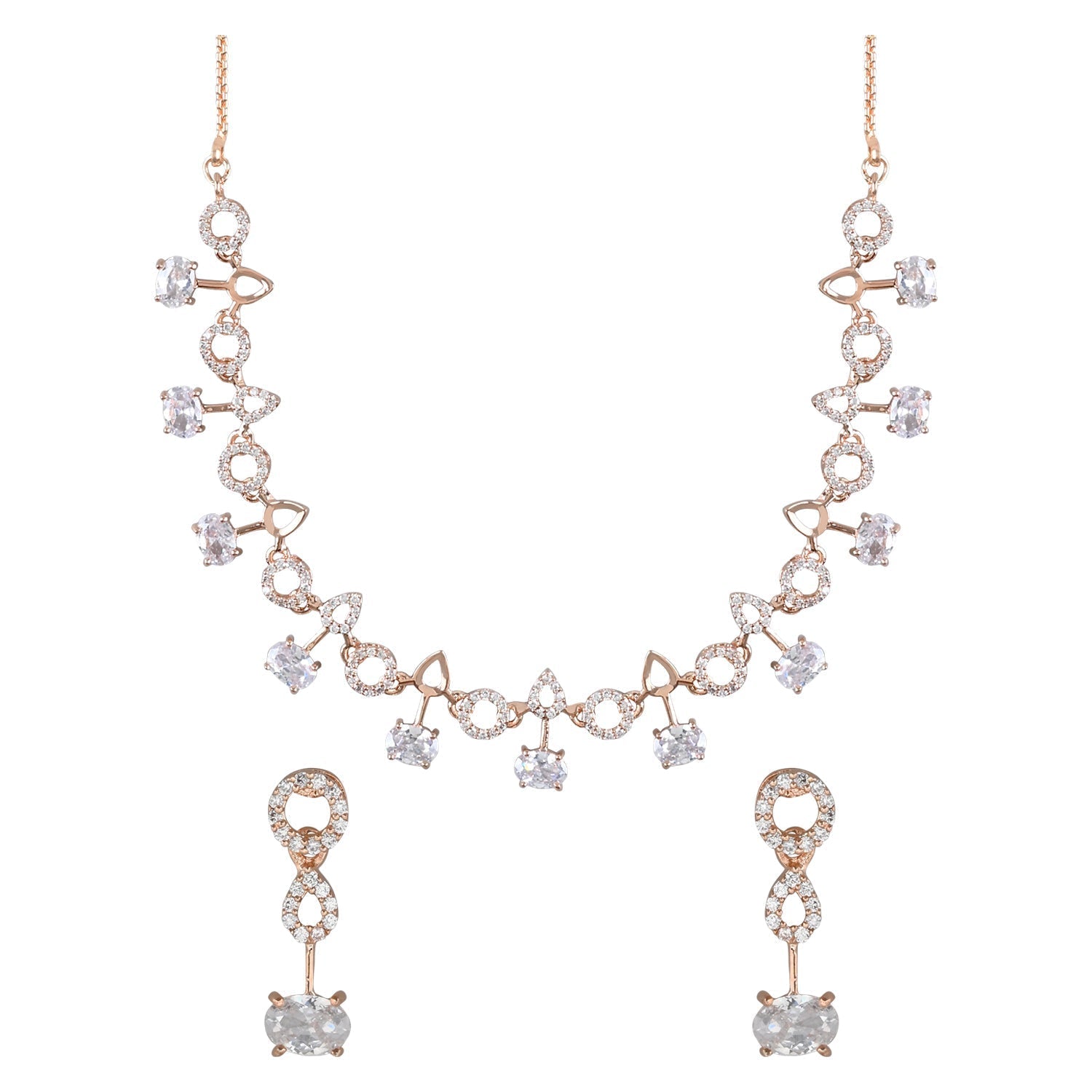 Stylish Rose Gold-Polished Cubic Zirconia American Diamond CZ AD Necklace Jewellery Set For Women & Girls - Wahe Jewels - Swadesiicart