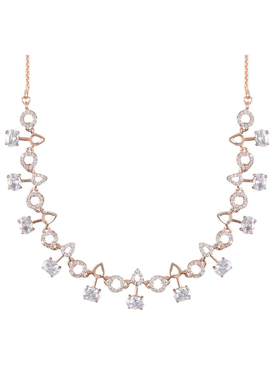 Stylish Rose Gold-Polished Cubic Zirconia American Diamond CZ AD Necklace Jewellery Set For Women & Girls - Wahe Jewels - Swadesiicart