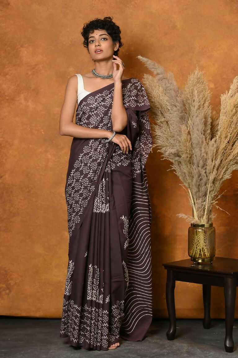 Very Much Indian Handblock Printed Cotton Saree With Natural Dyes - Brown | Swadesiicart