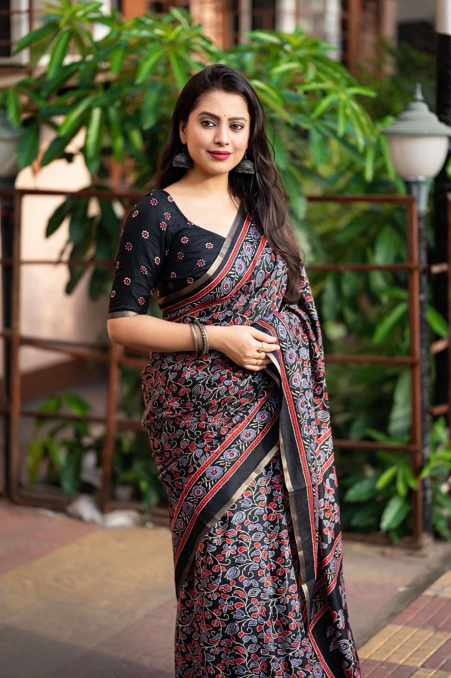 Black Cotton Blend Ajrak Saree with Unstitched Blouse - Hiral Fashion | Swadesiicart