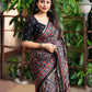 Black Cotton Blend Ajrak Saree with Unstitched Blouse - A2M