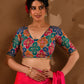 Amodini Designer Studio Women's Multicolored Zari Embroidered Glass Neck Blouse With Sleeves