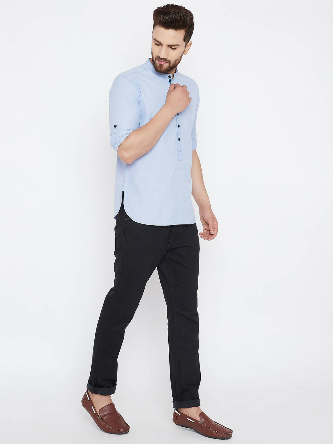 Even Apparels Blue Pure Cotton With Band Collar Men's Kurta | Swadesiicart