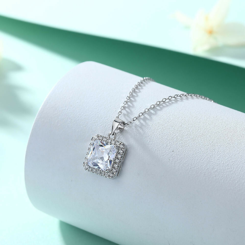 Cauer Radiant Moissanite Pendant Necklace in 925 Sterling Silver, White Gold Plated | Swadesiicart