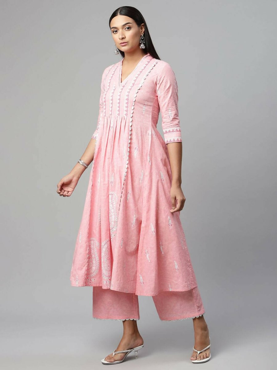 Ahalyaa Womens Pink Pure Cotton Printed Kurta Palazzo Set | Swadesiicart