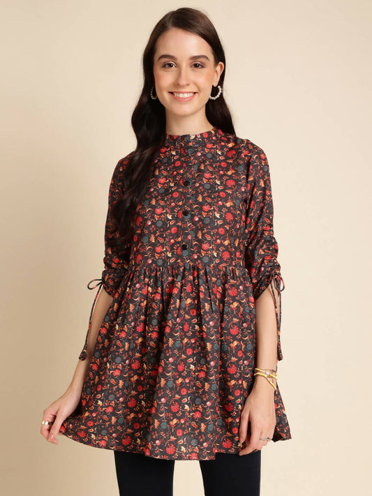 Black Poly Rayon Digital Printed A-line Top - Tarini - Swadesiicart