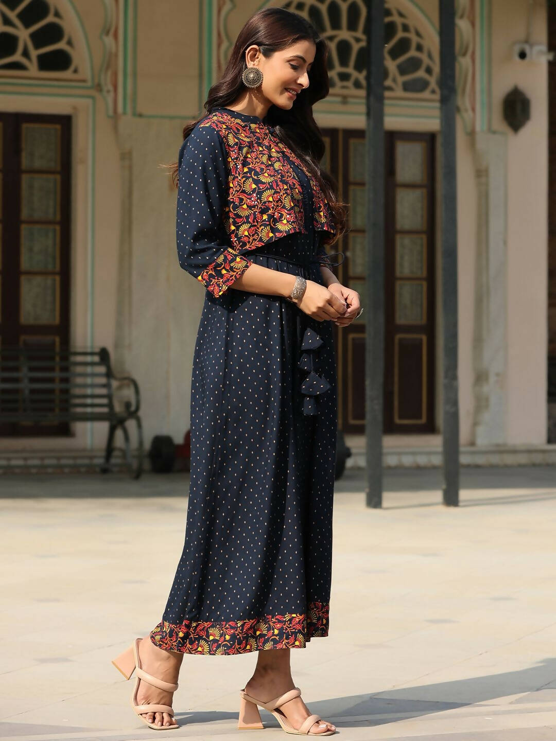 Juniper Women's Blue Rayon Festive Printed Flared Dress | Swadesiicart