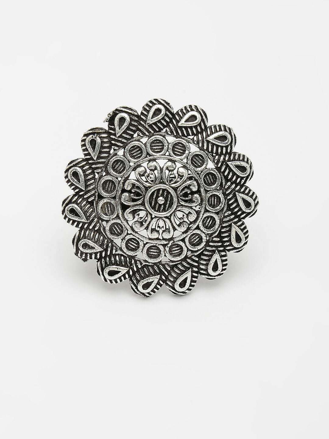 NVR Women's Silver-Toned Floral Shape Adjustable Finger Ring | Swadesiicart