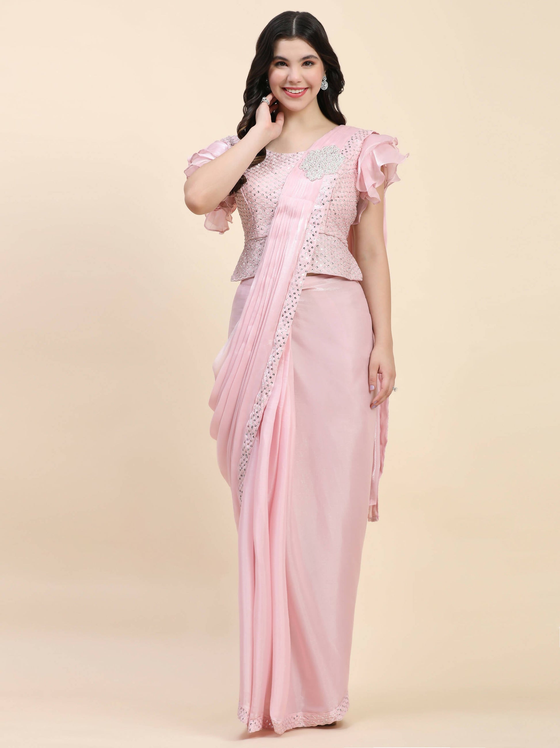 Pink Silk Satin Sequence Work Ready to Wear Saree with stitched Blouse - Nirvana | Swadesiicart
