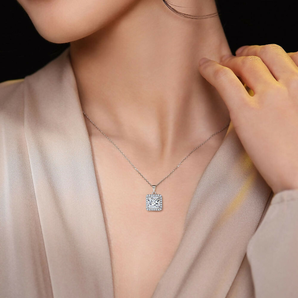 Cauer Radiant Moissanite Pendant Necklace in 925 Sterling Silver, White Gold Plated | Swadesiicart