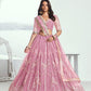 Aastha Fashion Pink Butterfly Net White Cotton Thread Work And Sequence Work Embroidery Wedding Wear Lehenga Choli