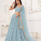 Aastha Fashion Sky Blue Butterfly Net Tone To Tone Cotton Thread Work With Sequence Work Embroidery Wedding Wear Lehenga Choli