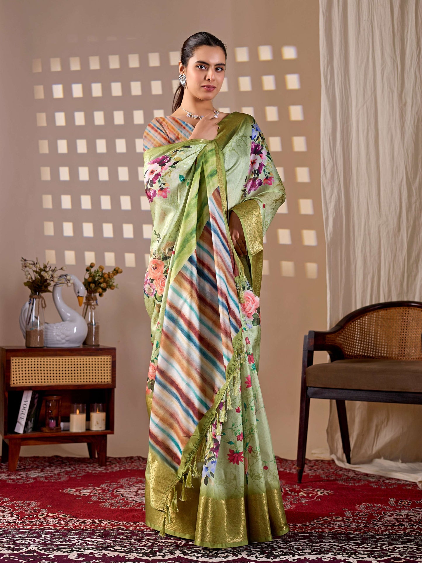 Aastha Fashion Green Soft Lichi Silk Printed Saree