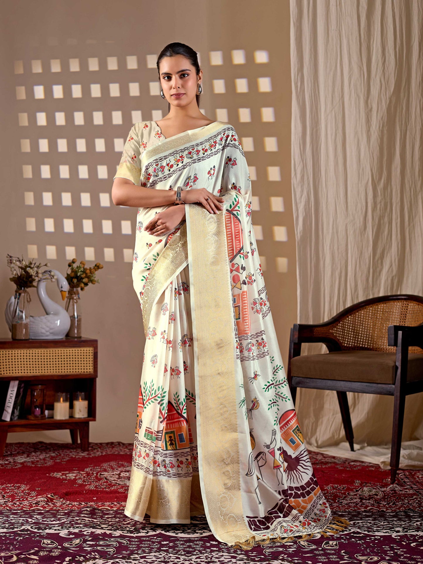 Aastha Fashion Cream Soft Lichi Silk Printed Saree