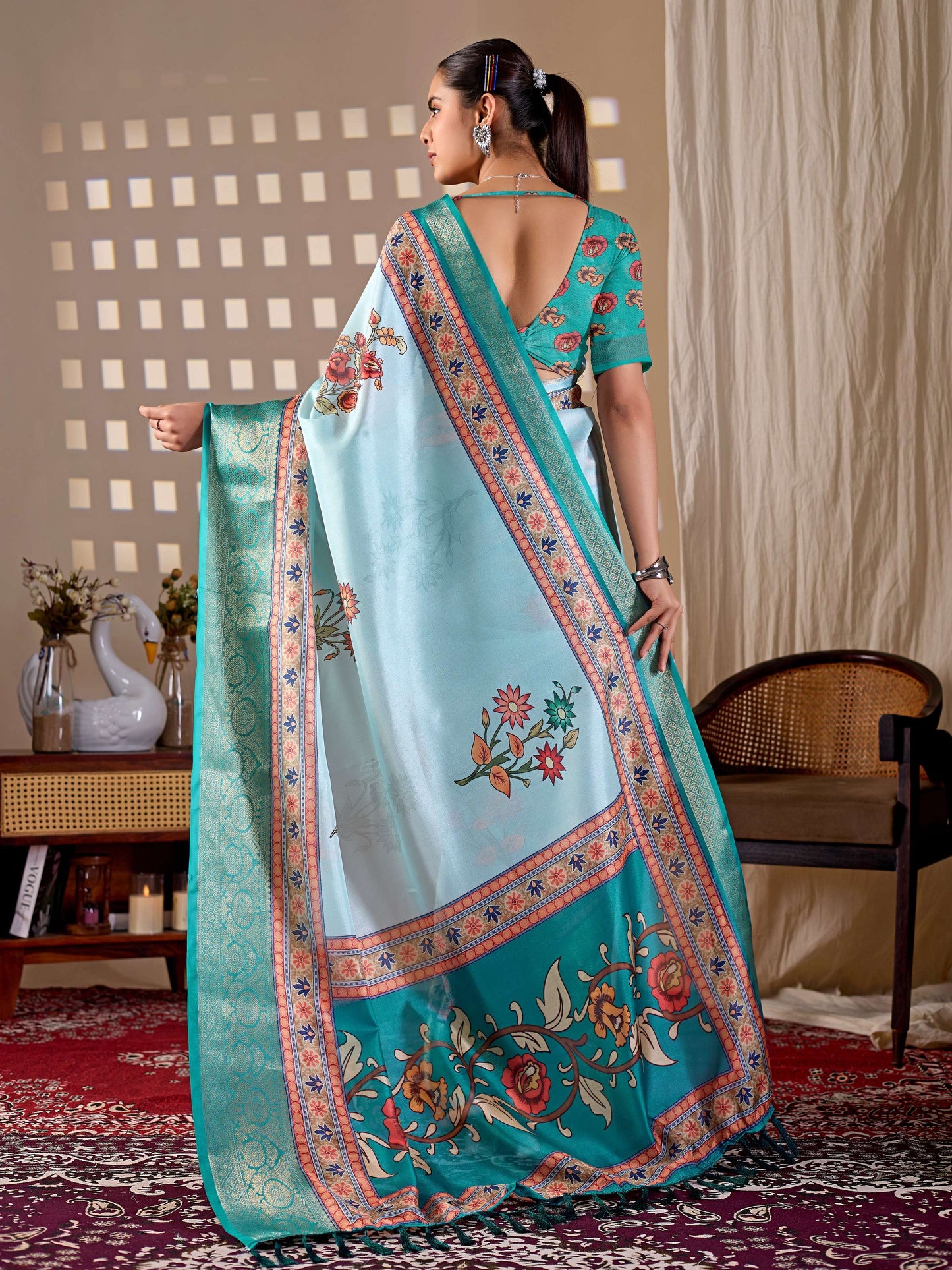 Aastha Fashion Aqua Soft Lichi Silk Printed Saree