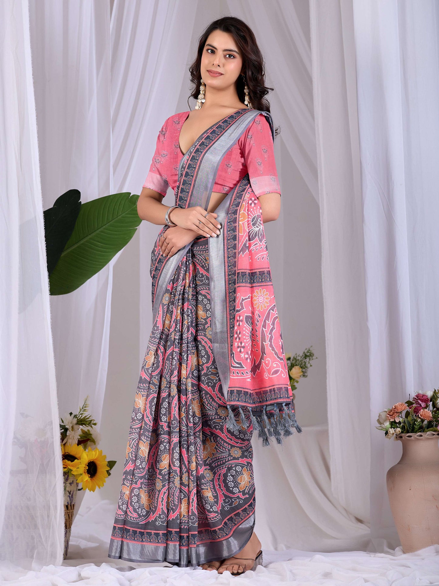Aastha Fashion Pink Soft Linen Cotton Printed Saree