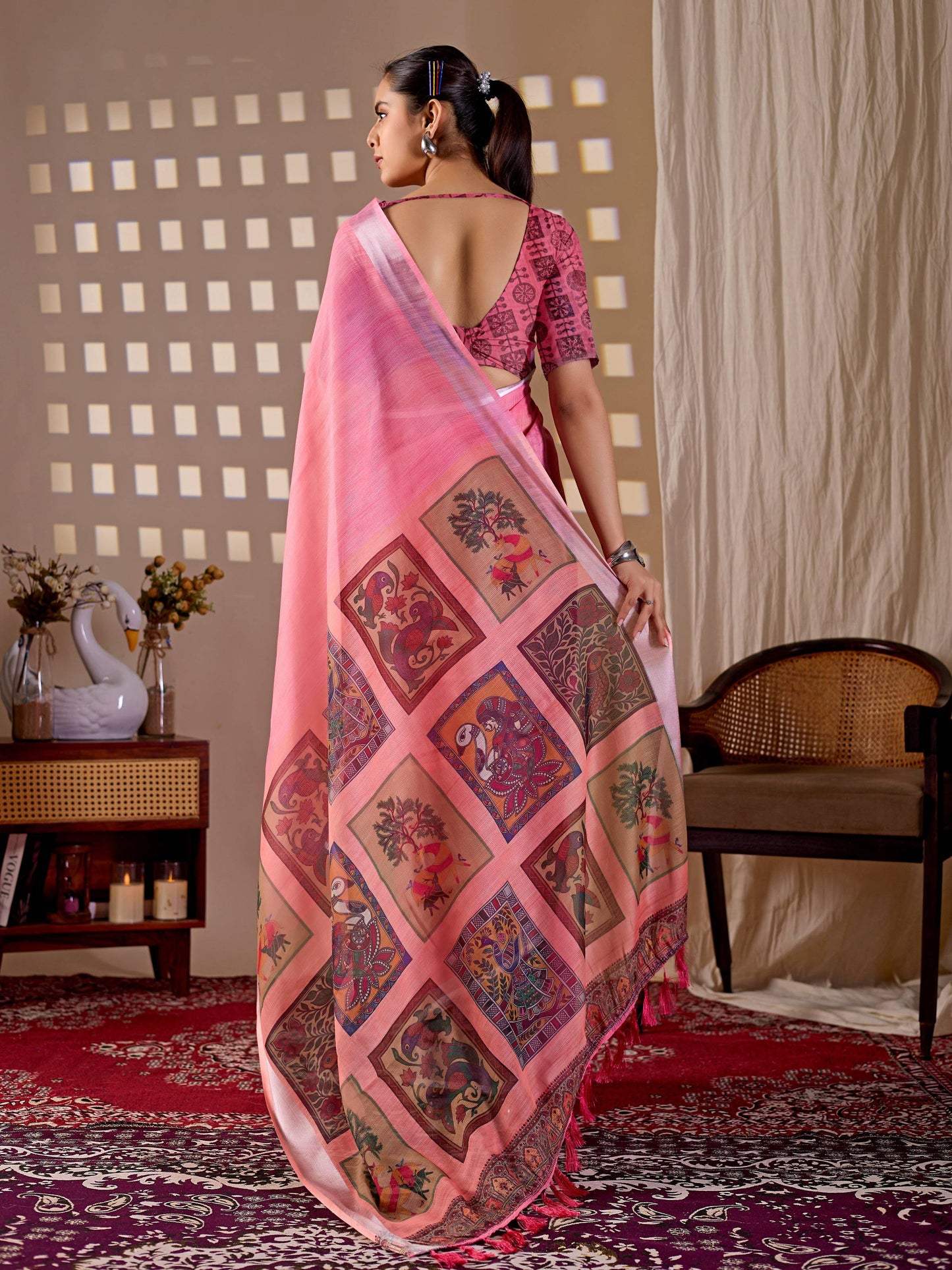 Aastha Fashion Pink Soft Linen Cotton Printed Saree