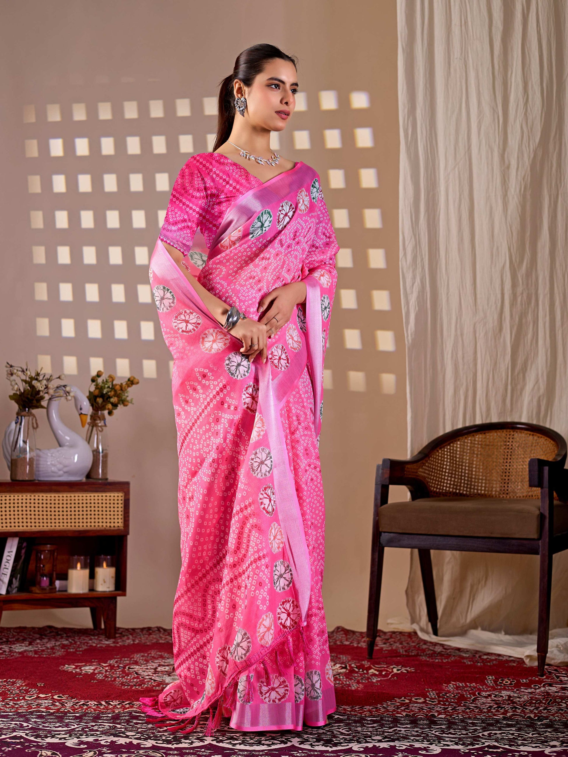 Aastha Fashion Pink Soft Linen Cotton Printed Saree