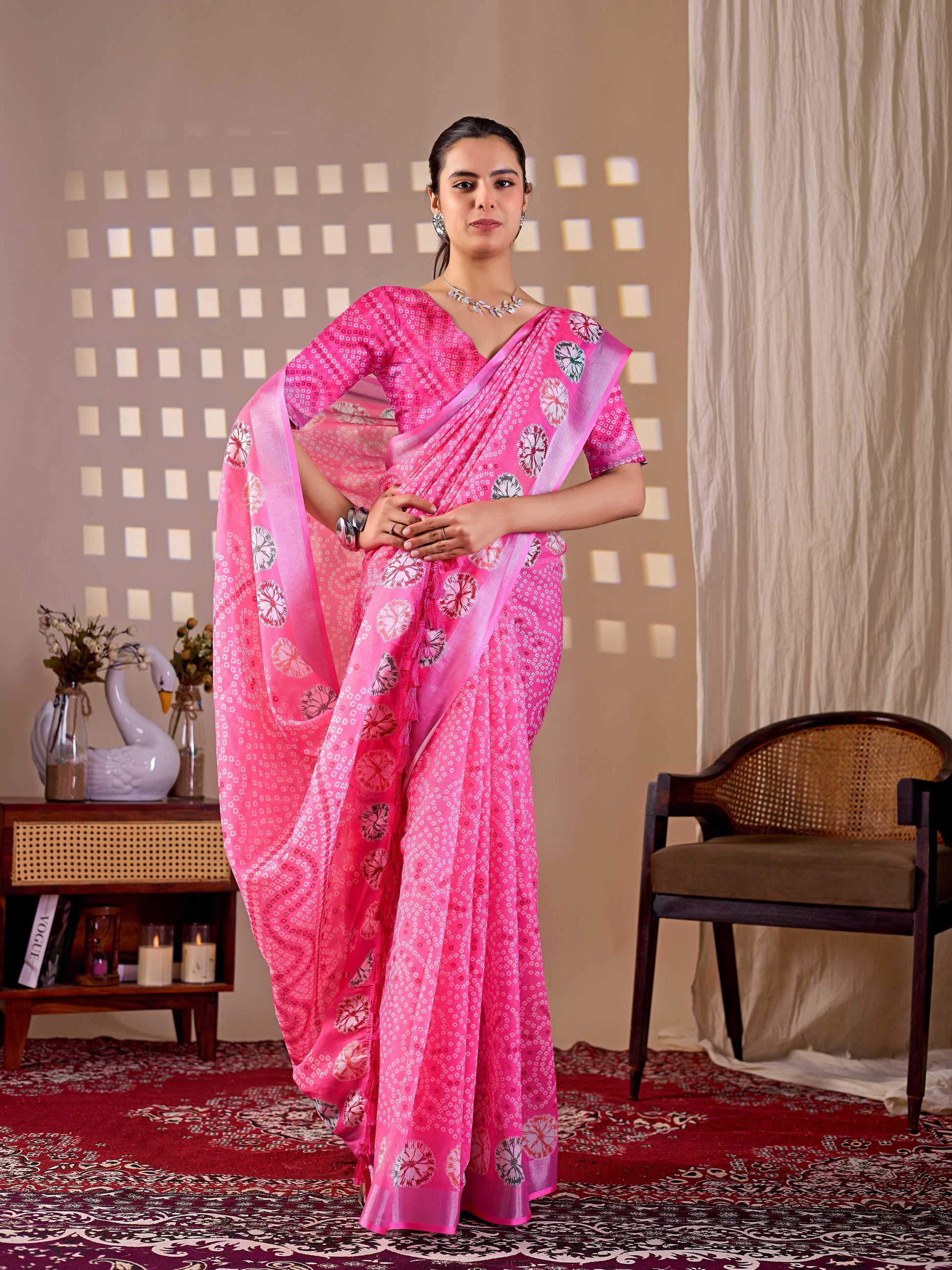 Aastha Fashion Pink Soft Linen Cotton Printed Saree