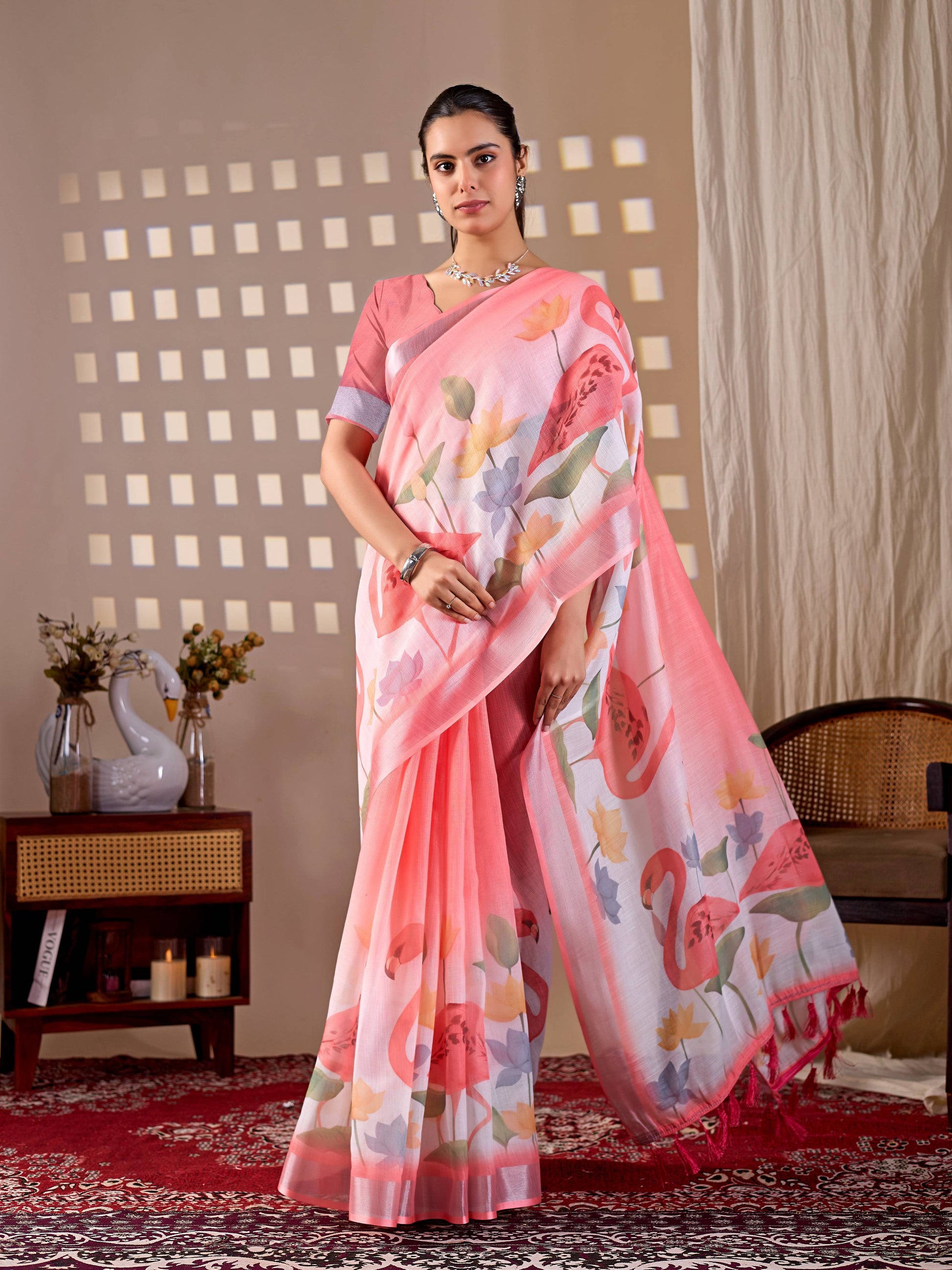 Aastha Fashion Peach Soft Linen Cotton Printed Saree