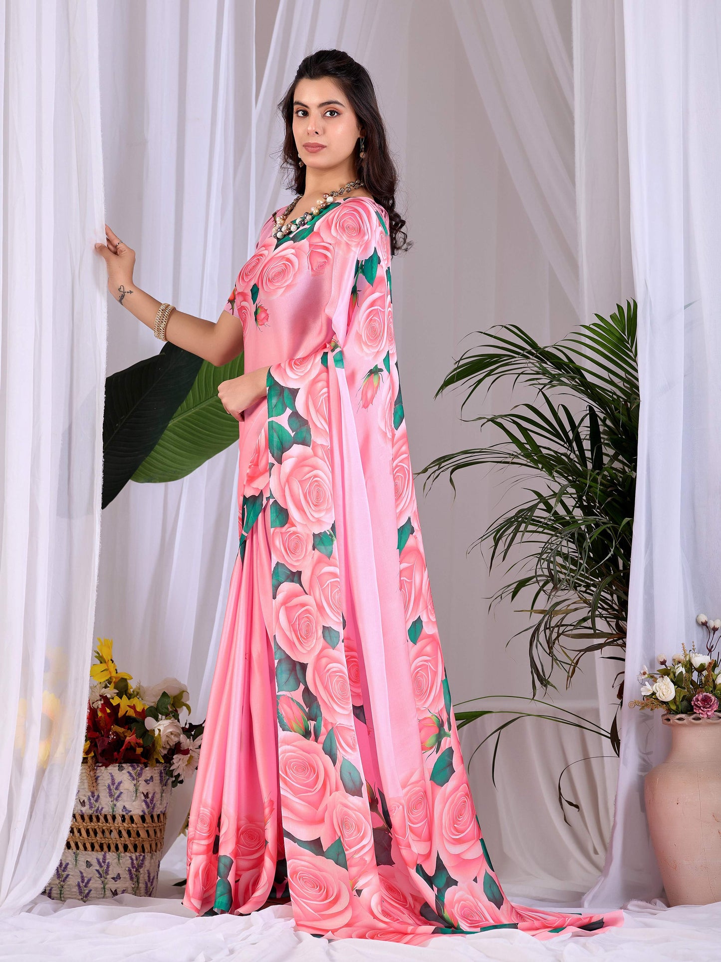 Aastha Fashion Pink Soft Satin Floral Digital Print Saree