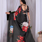 Aastha Fashion Black Soft Satin Georgette Printed Saree